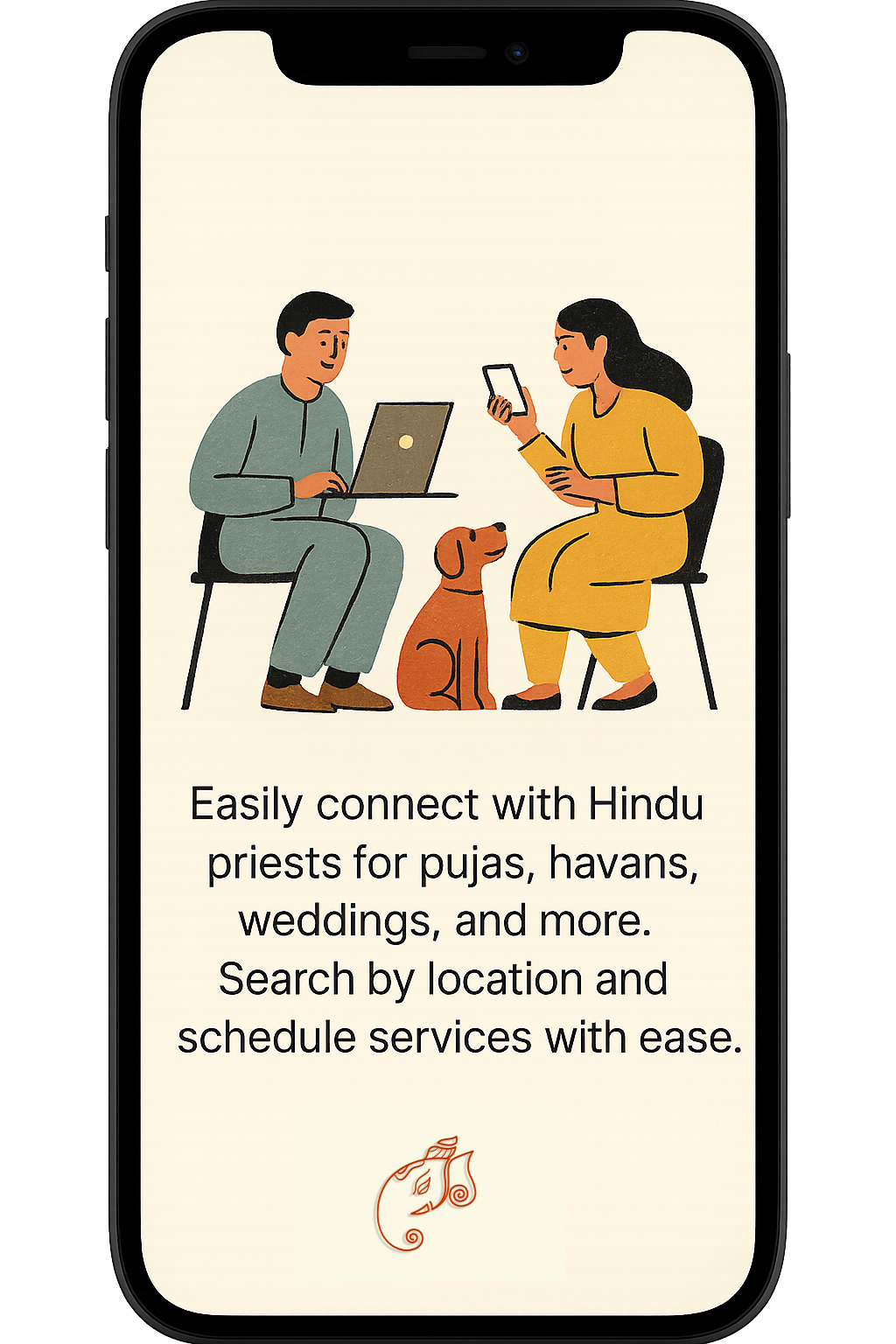 Pujari app onboarding screen showing verified Hindu priests